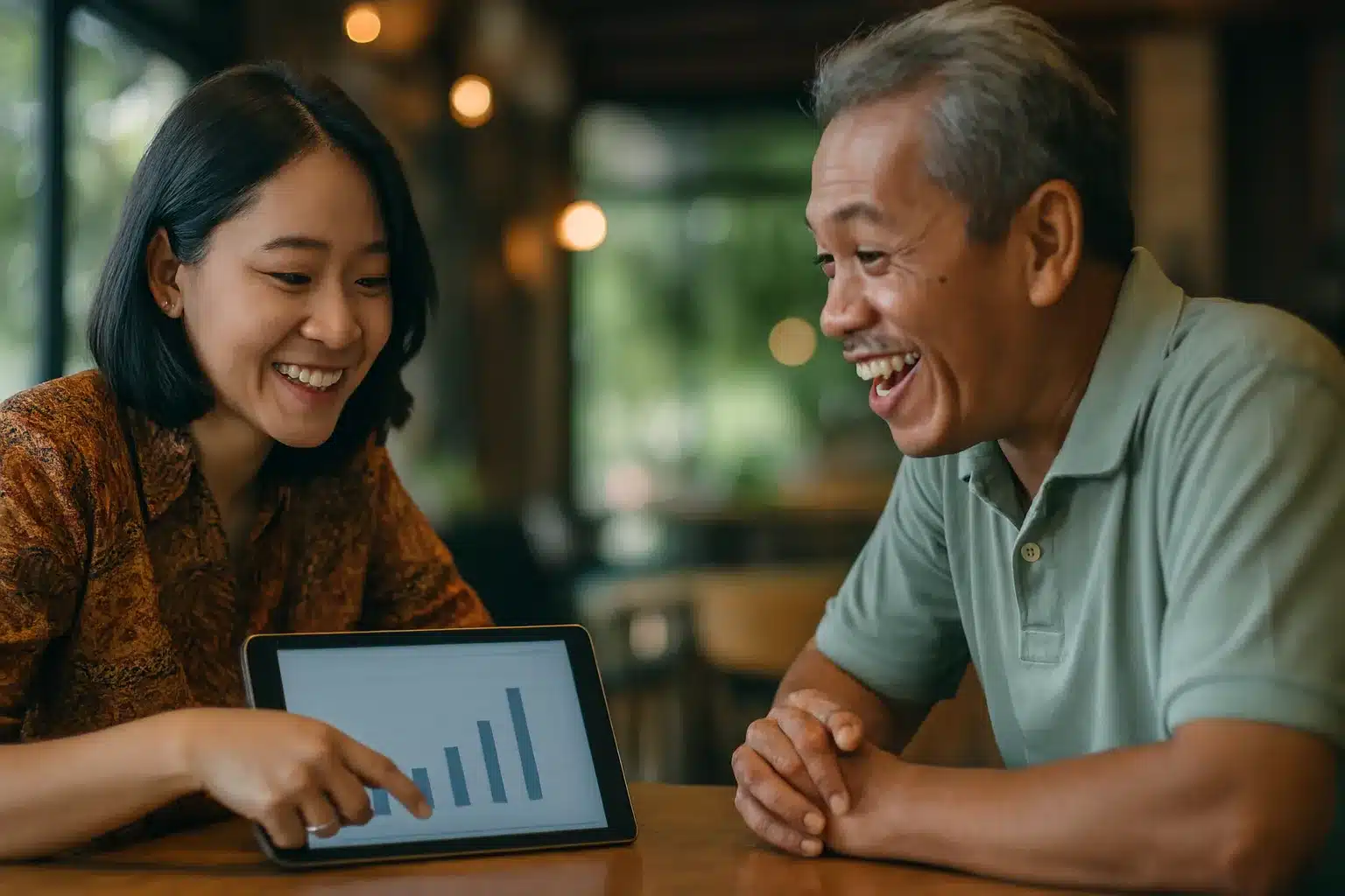 Konsultan IT Nusait.com sedang menjelaskan solusi di tablet kepada seorang pemilik bisnis UMKM yang terlihat lega dan paham di sebuah kafe di Jakarta.