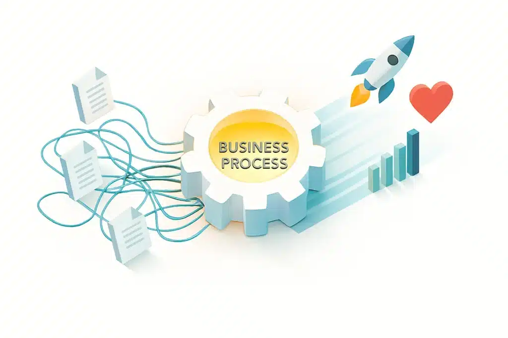 Ilustrasi 3D isometrik yang menggambarkan proses transformasi teknologi, mengubah proses bisnis yang kacau menjadi data terorganisir yang menghasilkan pertumbuhan.