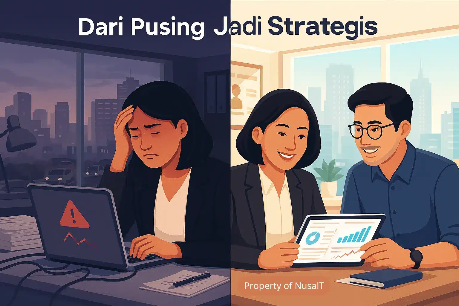 Gambar split-screen: sisi kiri pengusaha stres melihat laptop error, sisi kanan pengusaha tenang berdiskusi dengan konsultan IT Jakarta.