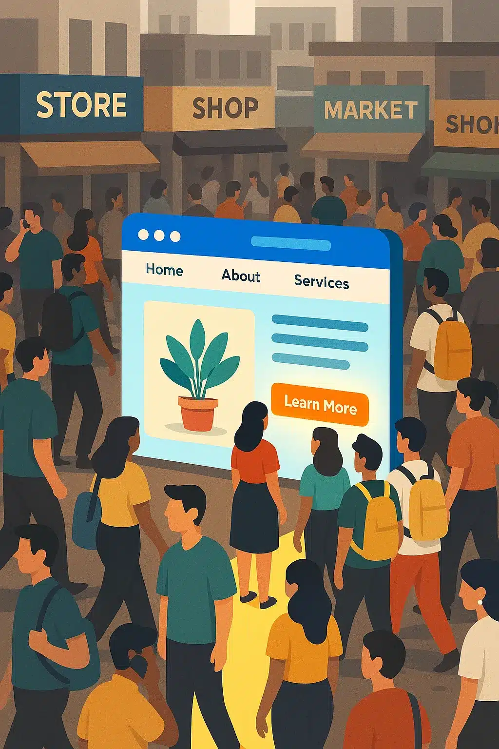 Metafora visual jasa pembuatan website di Jakarta, sebuah etalase toko digital yang bersinar terang di tengah pasar yang ramai dan kompetitif.