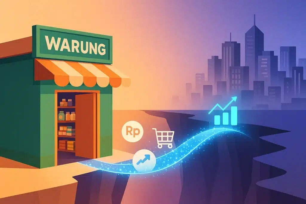 Ilustrasi contoh transformasi digital untuk UMKM di Indonesia, sebuah jembatan partikel cahaya digital menghubungkan toko kecil atau warung ke pasar yang lebih besar di kota modern.