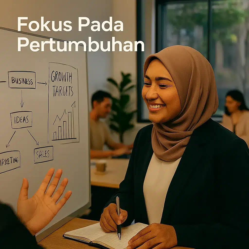 Gambar aspirasional yang menunjukkan hasil akhir dari layanan konsultasi IT yang berhasil. Seorang pemimpin bisnis (wanita, untuk representasi audiens yang beragam) tidak lagi direpotkan oleh masalah teknis, melainkan bisa fokus penuh pada visi dan strategi pengembangan bisnis. Papan tulis yang berisi coretan ide dan grafik menanjak melambangkan inovasi dan kemajuan. Suasana kantor yang produktif di latar belakang memperkuat pesan kesuksesan.