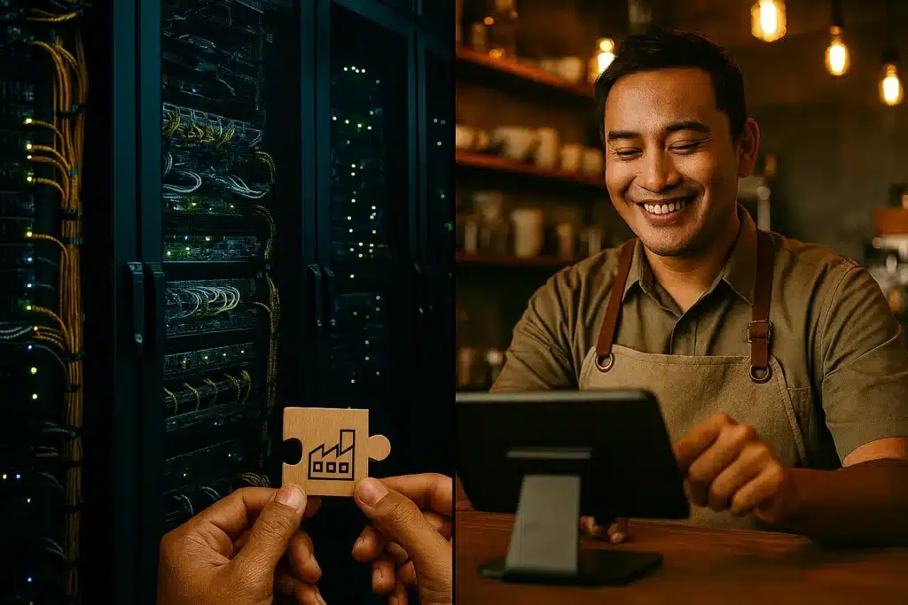 Gambar perbandingan antara server IT korporat yang kompleks dengan seorang pemilik UMKM yang puas menggunakan sistem kasir tablet yang simpel dan modern.