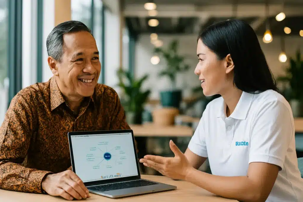 Seorang konsultan IT dari Nusait.com sedang berdiskusi dengan pemilik bisnis berbatik, menjelaskan solusi transformasi teknologi di laptop dengan suasana yang kolaboratif dan positif.