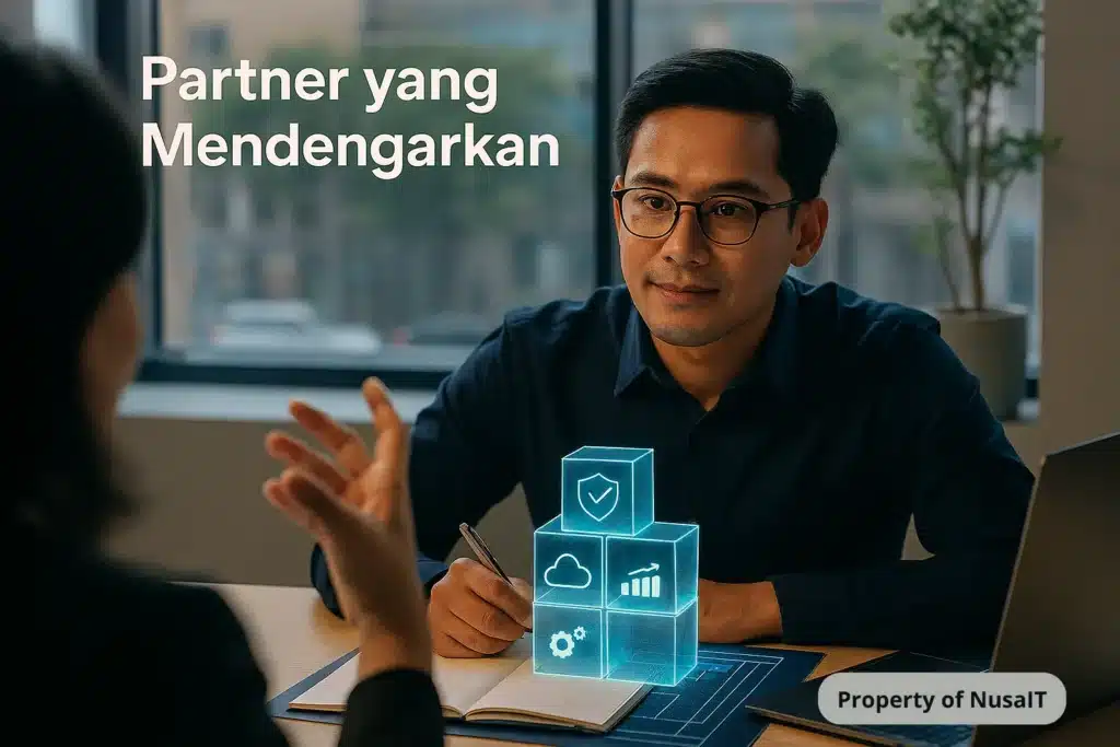 Seorang konsultan IT sedang mendengarkan dengan penuh perhatian penjelasan dari seorang pemilik bisnis di kantornya di Jakarta.