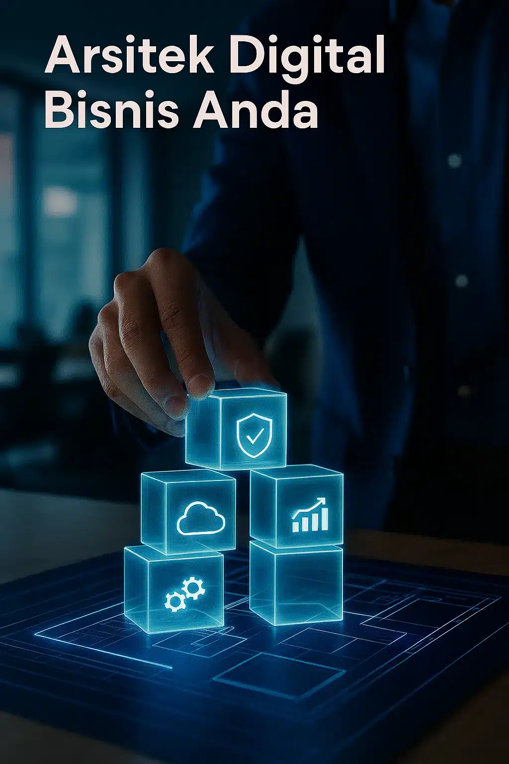 Tangan seorang konsultan IT profesional sedang menyusun strategi di atas cetak biru digital dengan ikon-ikon solusi teknologi bisnis.