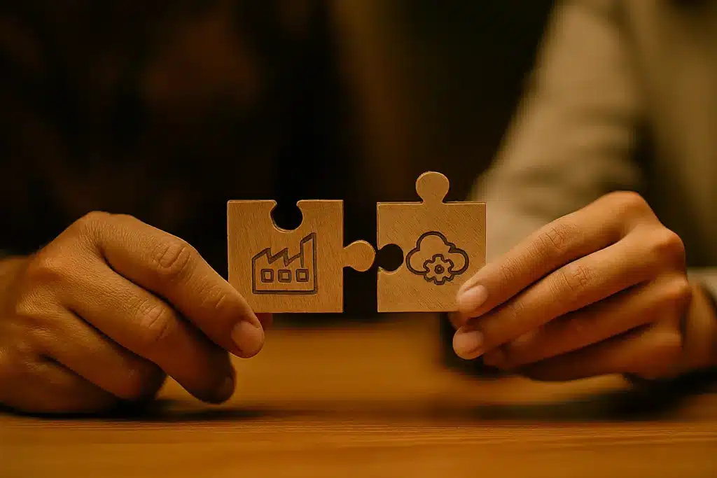 Dua pasang tangan profesional sedang menyatukan kepingan puzzle solusi IT dan kebutuhan bisnis, melambangkan sebuah kecocokan yang sempurna.