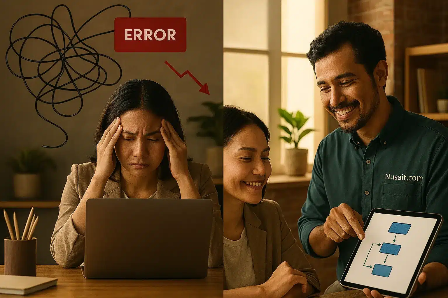 Seorang konsultan IT memberikan solusi strategis yang jelas kepada pemilik bisnis yang sedang pusing menghadapi masalah teknologi.