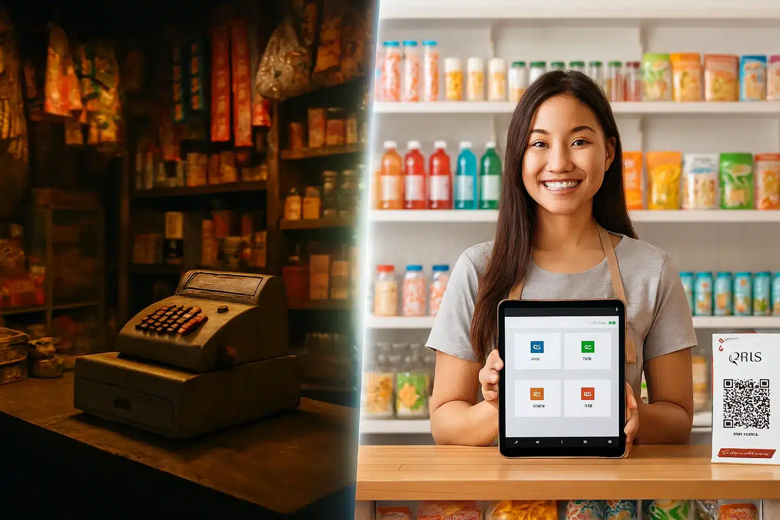 Gambar disrupsi teknologi berupa perbandingan antara warung kelontong tradisional yang tua dan UMKM modern yang bersih dan menggunakan aplikasi kasir digital di tablet.