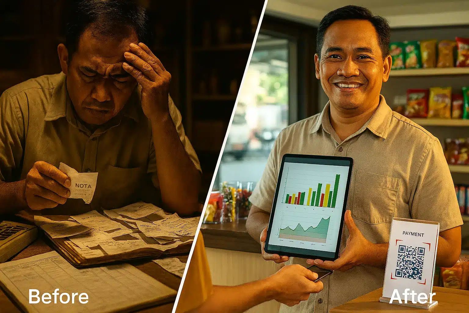 Seorang pemilik bisnis UMKM sebelum dan sesudah menjalani transformasi teknologi, dari meja berantakan penuh nota menjadi sistem kasir digital modern yang efisien.