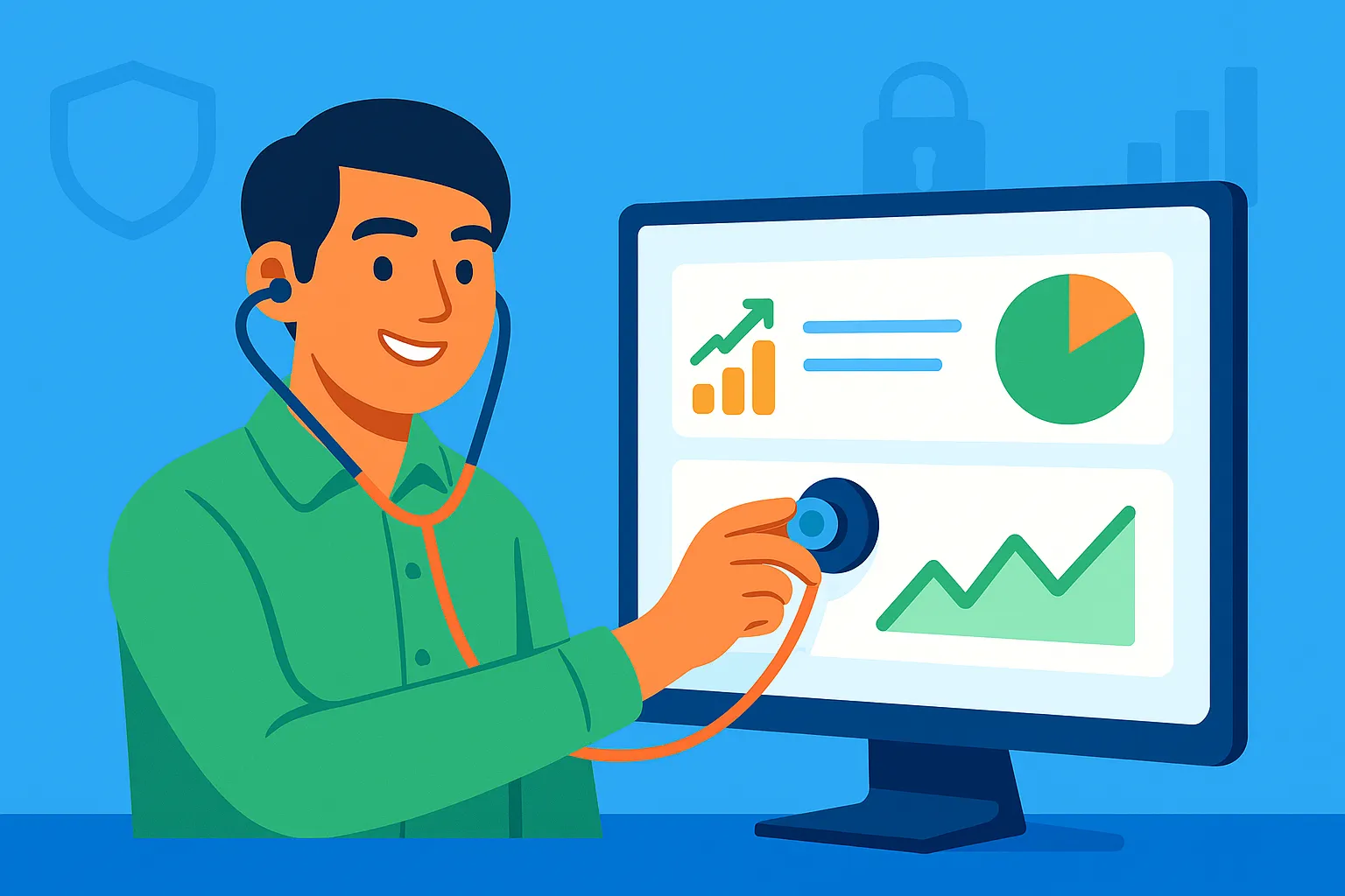 Ilustrasi pemeriksaan sistem informasi manajemen (audit SIM) oleh konsultan Nusait.com, digambarkan seperti dokter yang memeriksa kesehatan data bisnis di monitor.