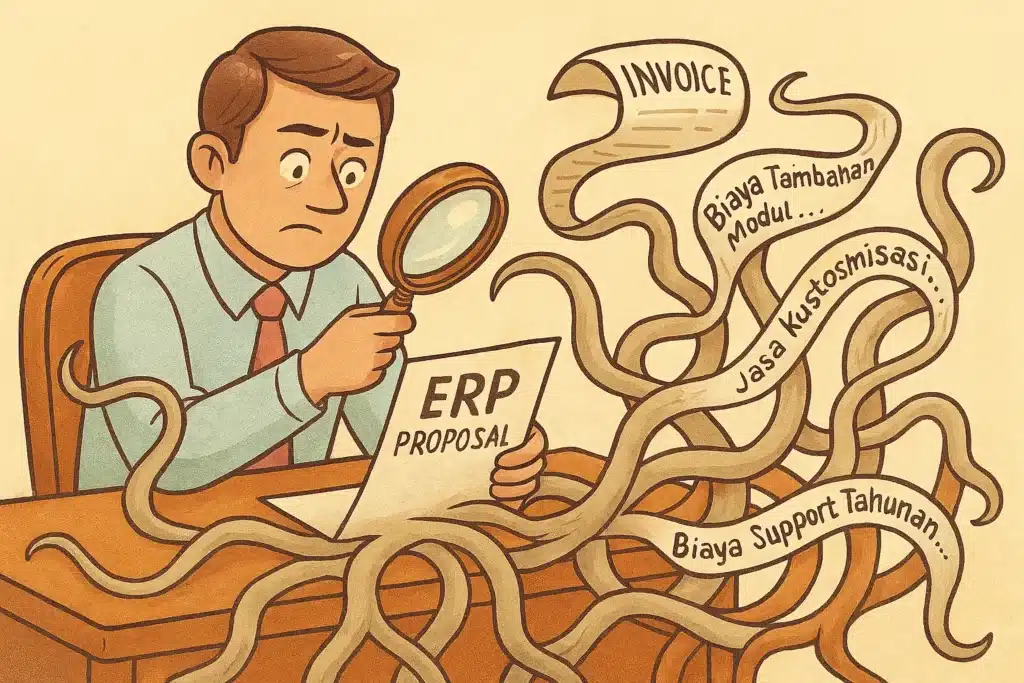 Ilustrasi pemilik bisnis kaget melihat tagihan ERP di mejanya yang menjalar seperti akar pohon, dipenuhi biaya tambahan tersembunyi.