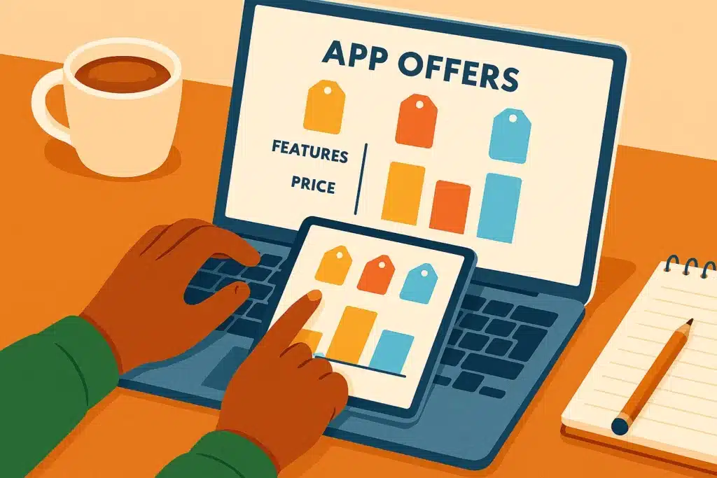 Pengusaha melakukan riset dan perbandingan penawaran harga aplikasi dari beberapa vendor IT di laptop.