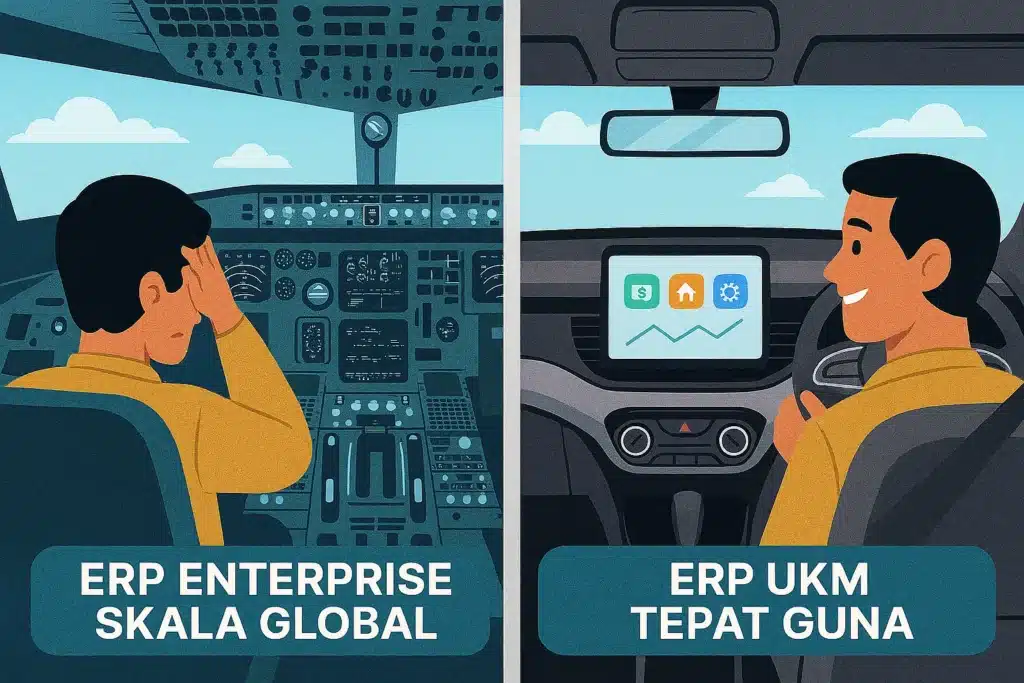 Perbandingan visual kokpit pesawat rumit berlabel 'ERP Global' dengan dasbor mobil simpel berlabel 'Kebutuhan Bisnis Lokal Anda'.