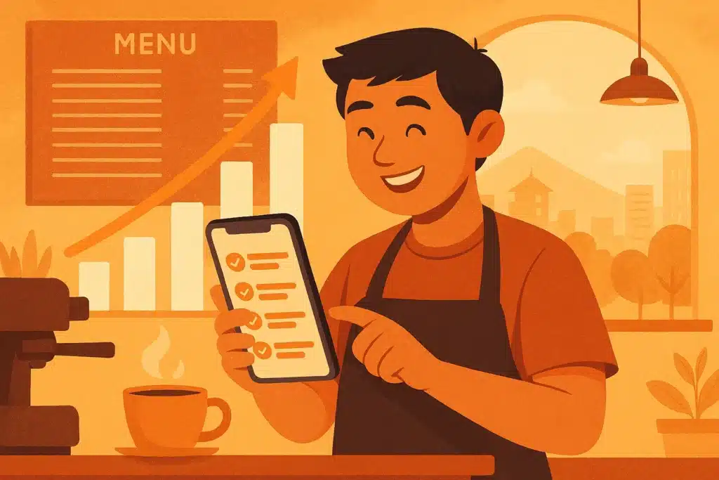 Pemilik UMKM di Bandung bahagia mengelola order melalui aplikasi kustom, mencerminkan harga pembuatan aplikasi kustom yang sepadan.