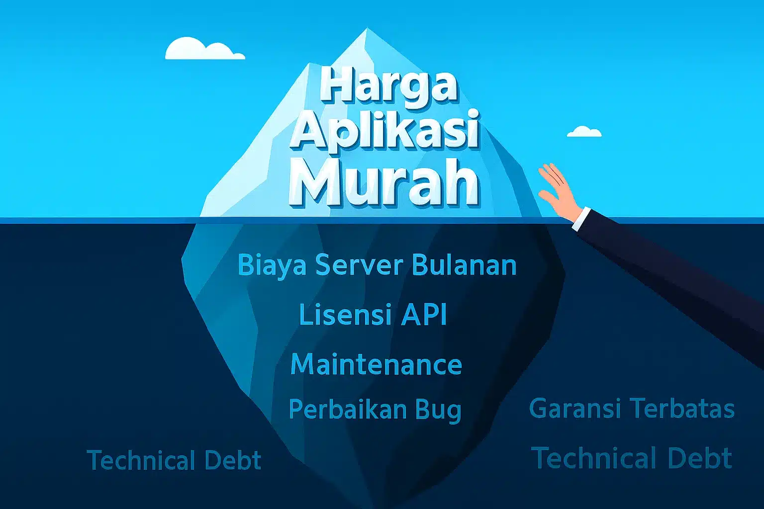 Ilustrasi pemasaran manipulatif aplikasi dalam bentuk gunung es biaya pembuatan aplikasi menunjukkan biaya tersembunyi di bawah harga penawaran murah.