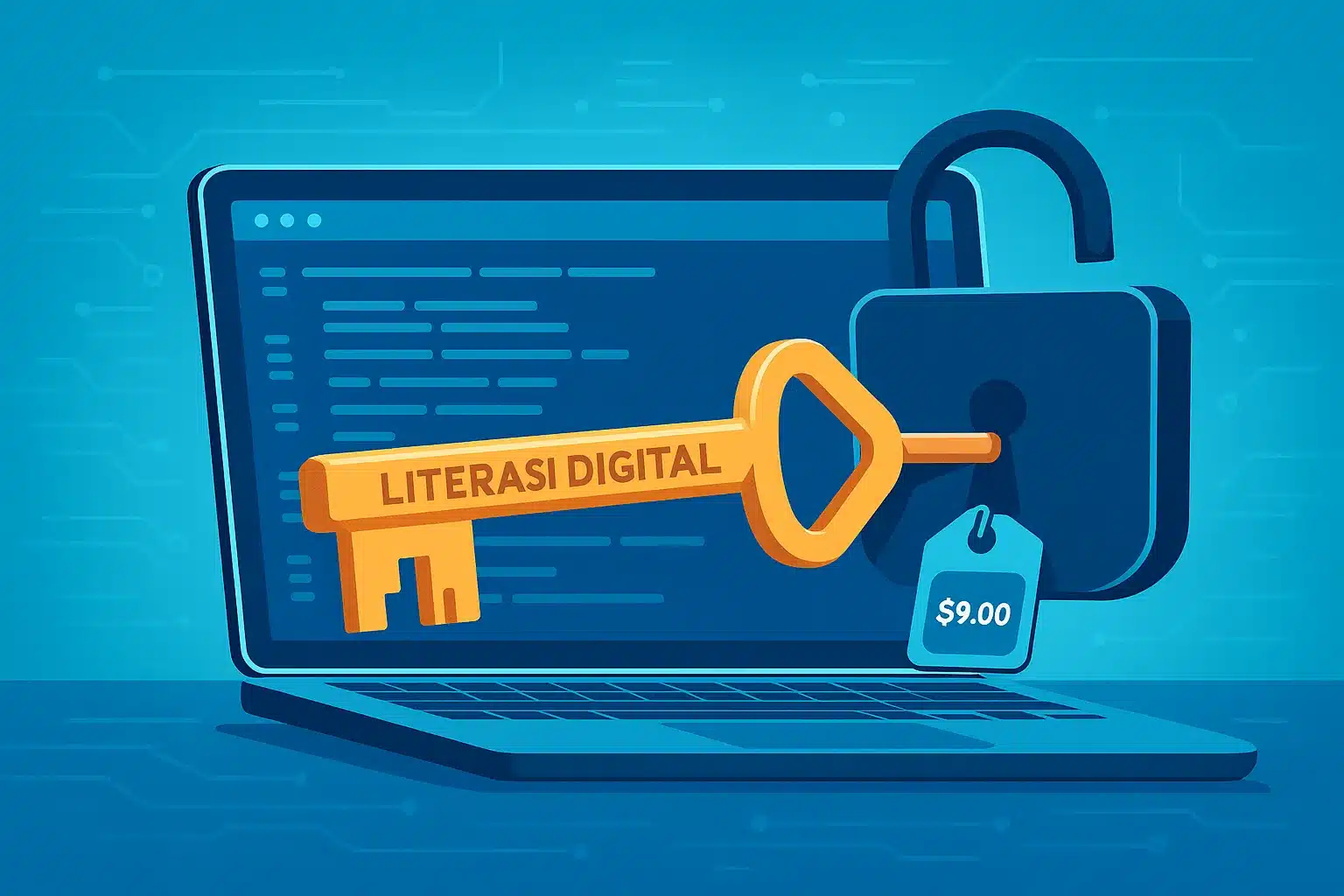 Metafora kunci bertuliskan 'Literasi Digital' membuka gembok harga aplikasi di layar laptop.