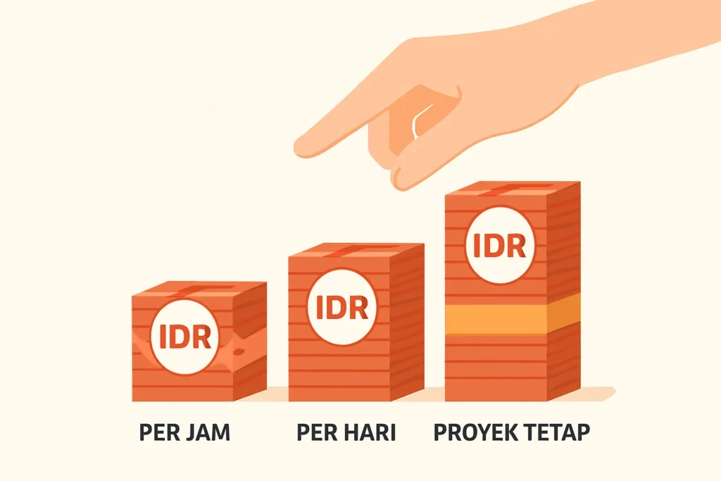 Tangan memilih tumpukan Rupiah di antara opsi biaya konsultan IT per jam, per hari, dan proyek tetap.