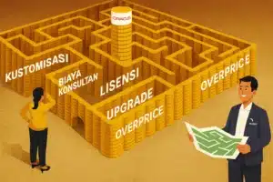 Ilustrasi harga overprice ERP menggambarkan pemilik bisnis bingung di depan labirin besar berlabel 'Kustomisasi' dan 'Overprice', sementara konsultan Nusait menawarkan peta solusi.