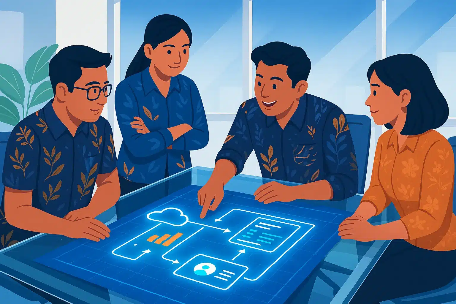 Ilustrasi sebuah tim profesional yang beragam mendiskusikan checklist transformasi digital dan cetak biru strategi transformasi digital di atas meja rapat modern