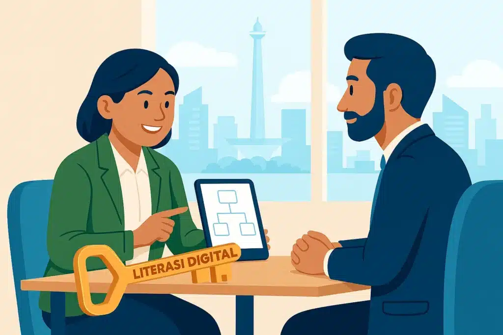 Pengusaha UMKM Indonesia berliterasi digital sedang negosiasi harga aplikasi dengan vendor IT secara setara.