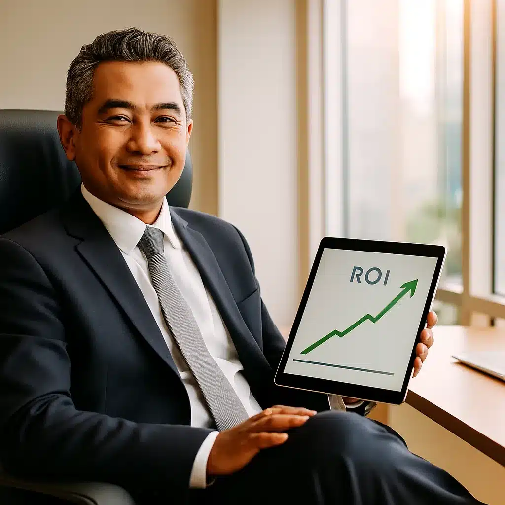Eksekutif menunjukkan kepuasan dengan ROI setelah investasi jasa konsultan IT profesional, meraih peace of mind.