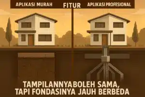 Ilustrasi kompleksitas teknis aplikasi serta perbandingan fondasi aplikasi murah yang retak vs fondasi aplikasi profesional yang kokoh meski tampilan luarnya sama.