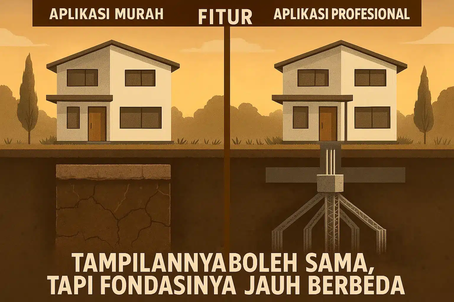 Ilustrasi kompleksitas teknis aplikasi serta perbandingan fondasi aplikasi murah yang retak vs fondasi aplikasi profesional yang kokoh meski tampilan luarnya sama.