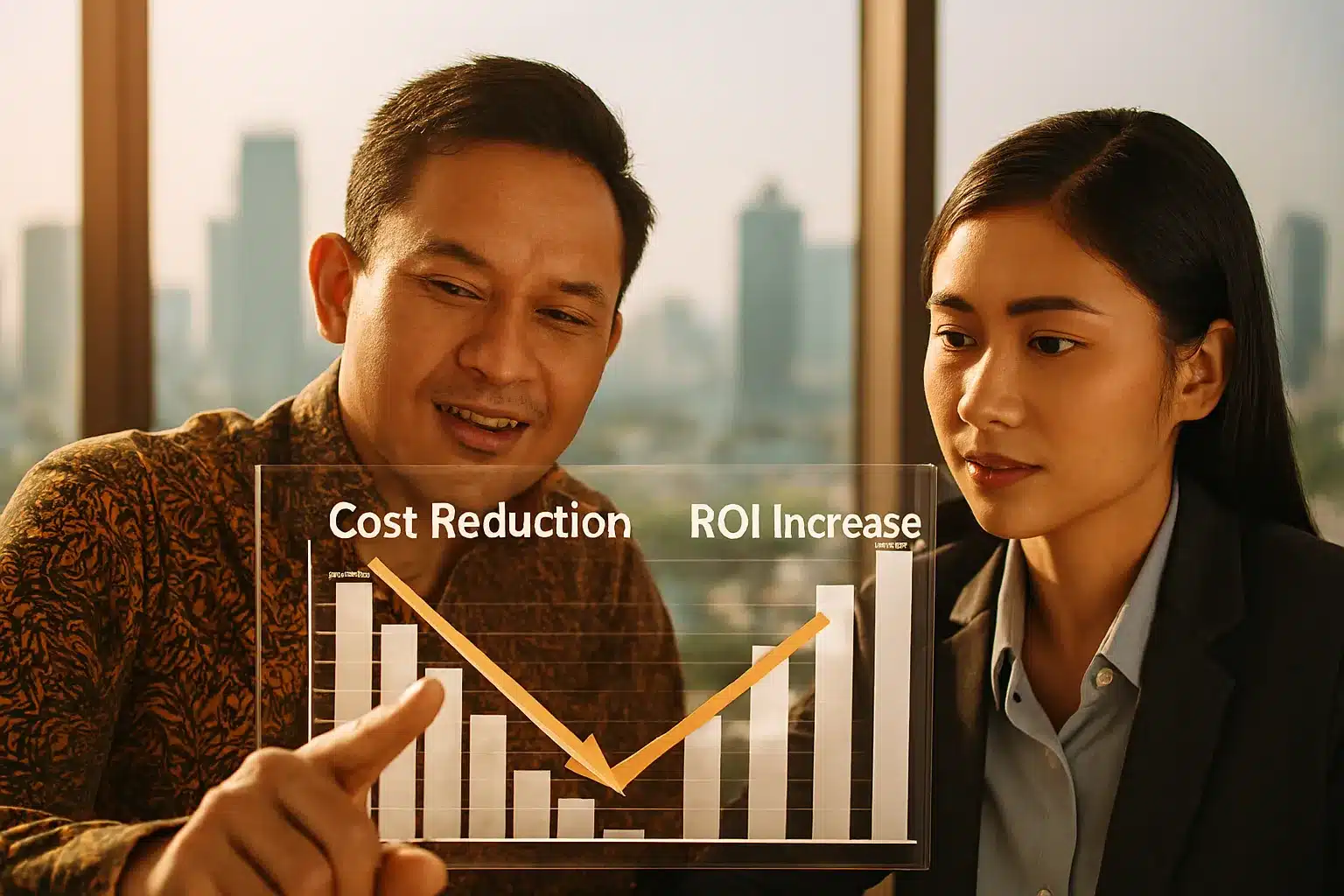 Ilustrasi Biaya Jasa Konsultan IT Indonesia menganalisis grafik Cost Reduction dan ROI di kantor Jakarta, menunjukkan strategi biaya yang sukses.