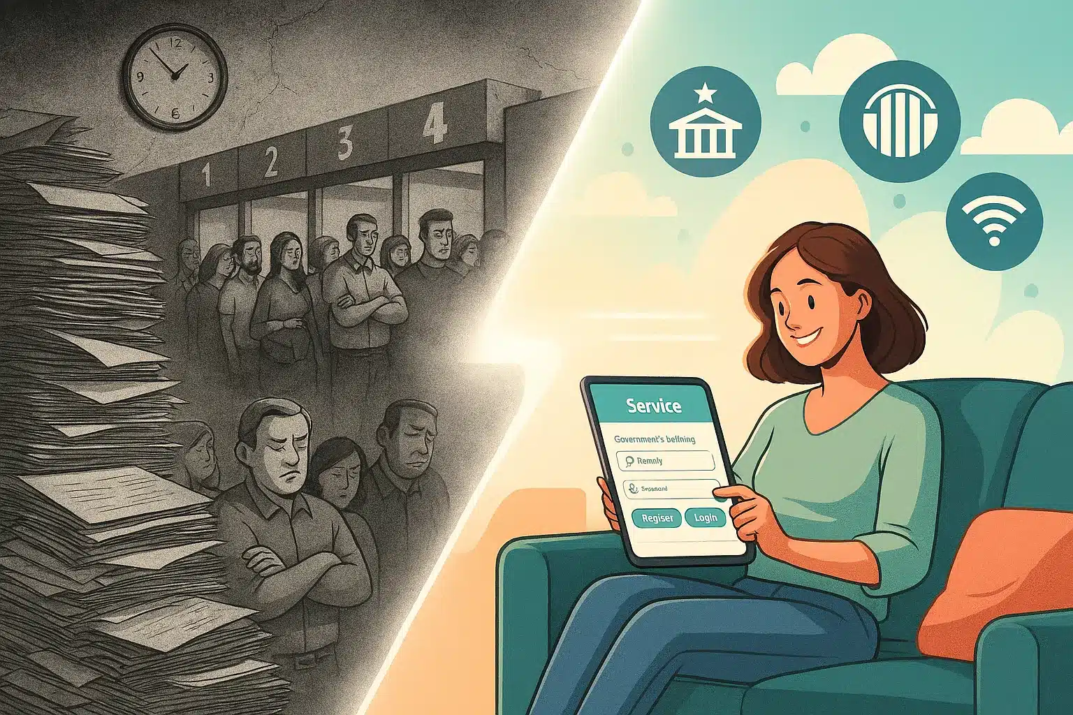 Kolase visual yang membandingkan antrean panjang di kantor layanan publik yang kusam dengan seorang wanita yang tersenyum santai menggunakan gerai digital di smartphone.