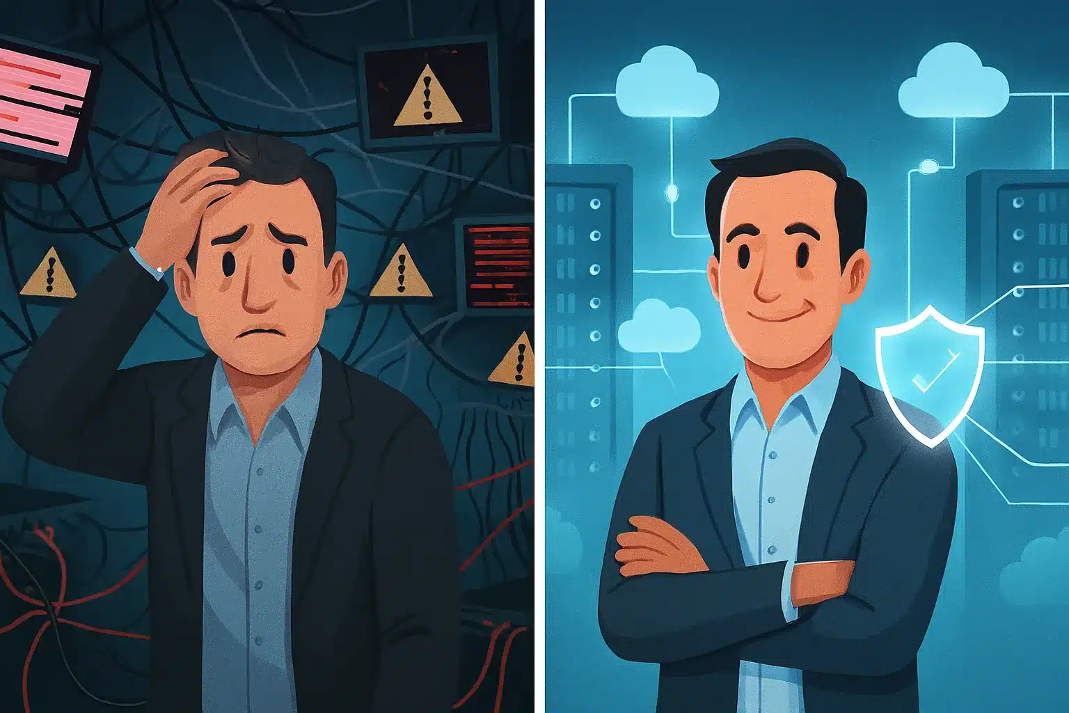 Ilustrasi perbandingan mengenai penjelasan audit sistem informasi adalah atas sistem IT berantakan sebelum audit dan sistem IT yang aman terorganisir setelah audit.