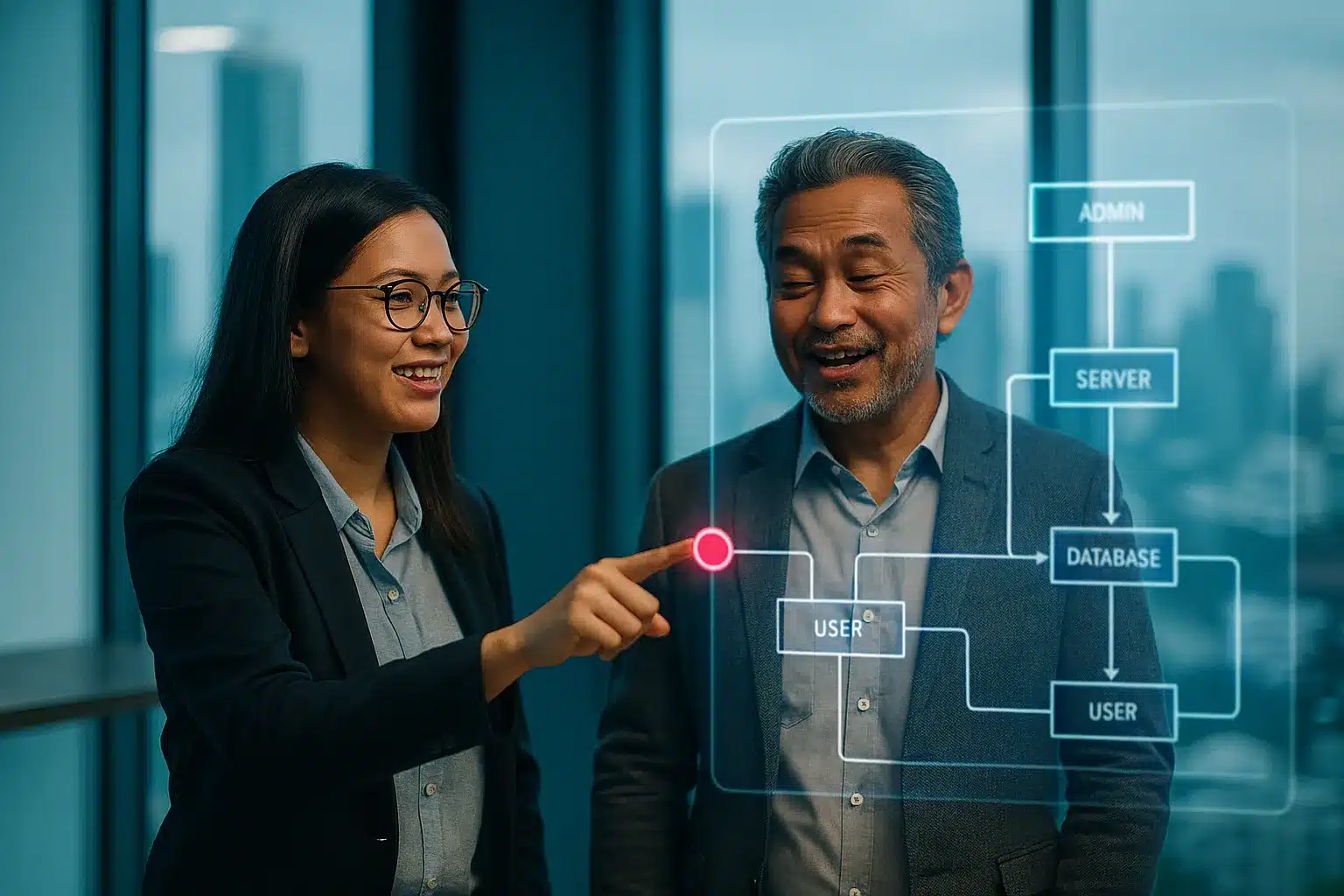 IT profesional dari Nusait.com sedang melakukan audit sistem informasi serta menjelaskan risiko sistem informasi kepada seorang pemilik bisnis di Jakarta menggunakan layar digital transparan.