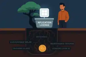 Ilustrasi jebakan Total Cost of Ownership aplikasi: akar biaya tersembunyi (integrasi, maintenance) di bawah pot aplikasi baru yang terlihat murah.