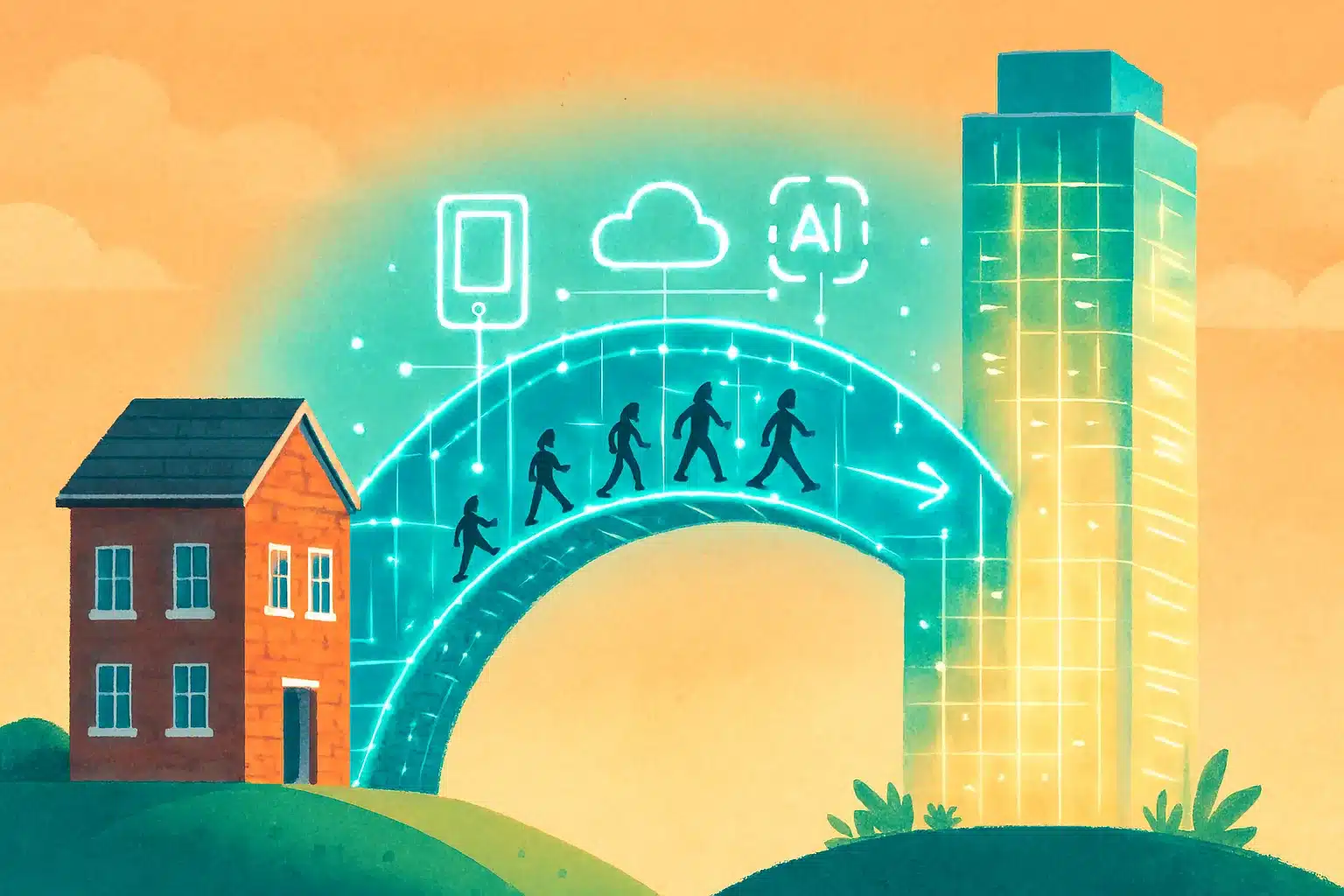 Ilustrasi pengertian transformasi digital yang menggambarkan sebuah jembatan digital yang terbuat dari ikon-ikon teknologi, menghubungkan sebuah bangunan bisnis tradisional dengan gedung pencakar langit yang modern dan futuristik.