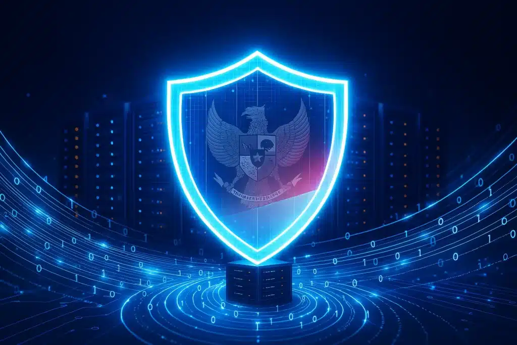 Perisai digital bercahaya melindungi data dan server, simbol keamanan siber dan kepatuhan UU PDP Indonesia.