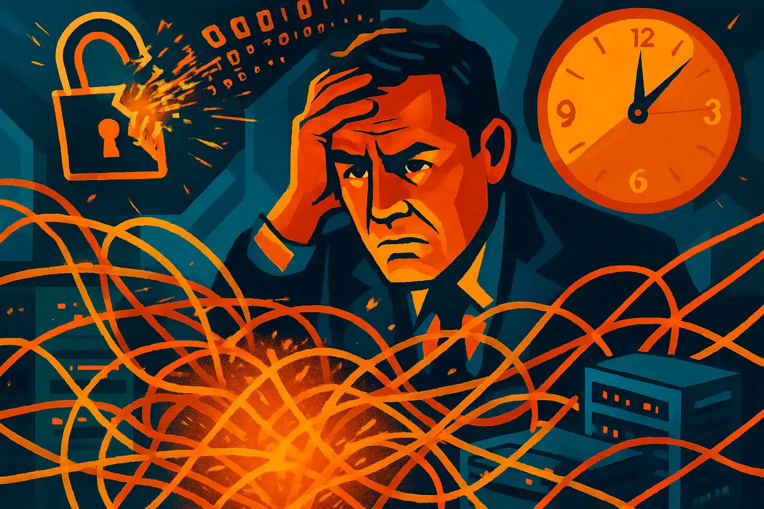 Jaringan kabel digital yang kusut dan beberapa server yang bermasalah, menggambarkan kompleksitas dan risiko sistem IT yang tidak pernah diaudit.