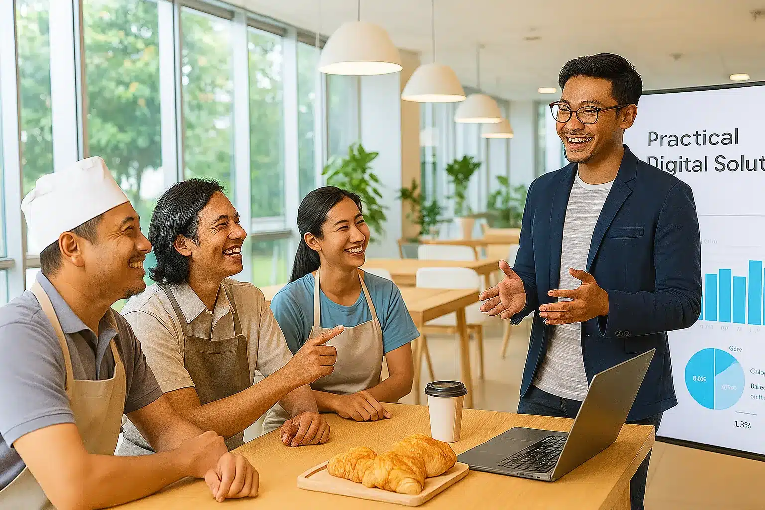 Ilustrasi seorang konsultan IT untuk UMKM yang sedang memberikan presentasi solusi digital yang mudah dipahami kepada sekelompok pemilik UMKM yang antusias dan beragam.