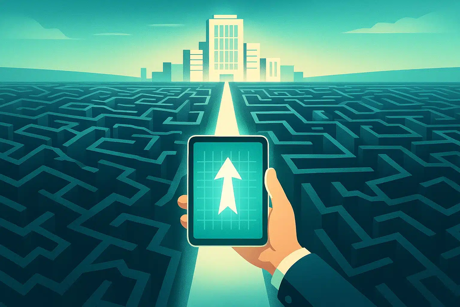 Ilustrasi atas framework kerja konsultan IT tangan konsultan IT memegang peta digital yang menunjukkan jalan keluar dari labirin masalah bisnis yang kompleks.