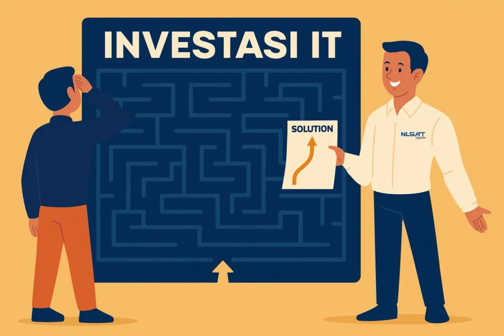 Ilustrasi konsultan Nusait.com memberi peta solusi transparan pada klien untuk menghindari labirin jebakan TCO aplikasi.
