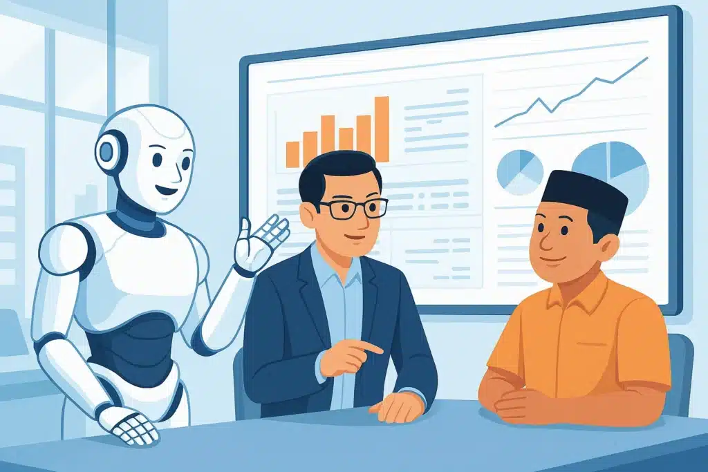 Robot AI ramah berkolaborasi dengan konsultan IT dan pemilik UMKM Indonesia analisis data bisnis.