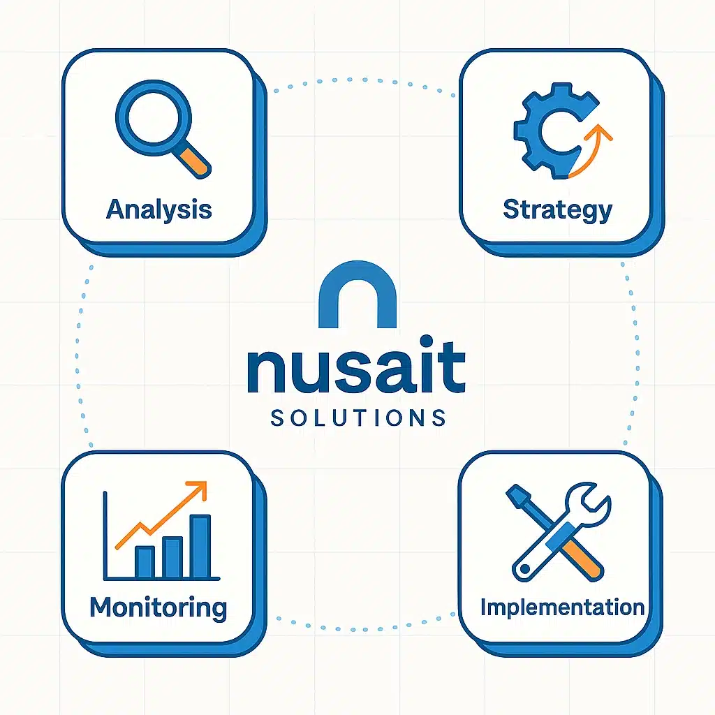 Infografis empat tahap metode kerja konsultan IT: Analisis dengan kaca pembesar, Strategi dengan roda gigi, Implementasi dengan palu, dan Evaluasi dengan grafik naik.