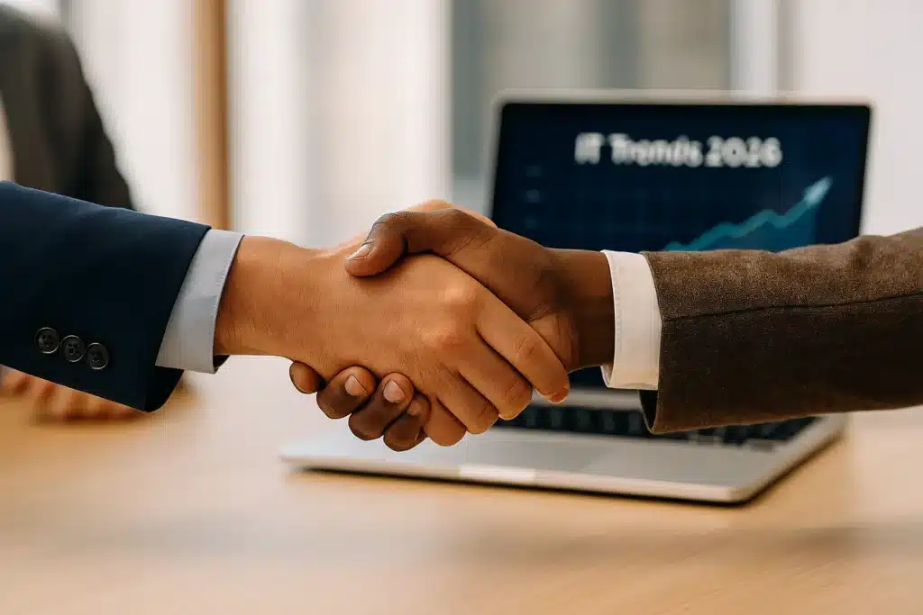 Dua profesional berjabat tangan erat di meja rapat, simbol partnership konsultan IT terpercaya untuk bisnis Indonesia.