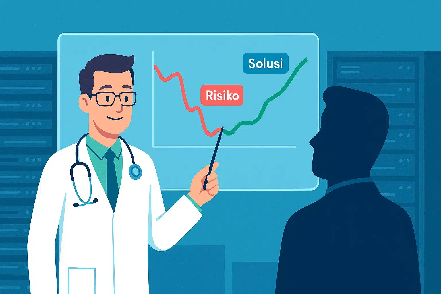 Ilustrasi auditor IT menjelaskan hasil program audit sistem informasi kepada klien, menunjukkan grafik solusi