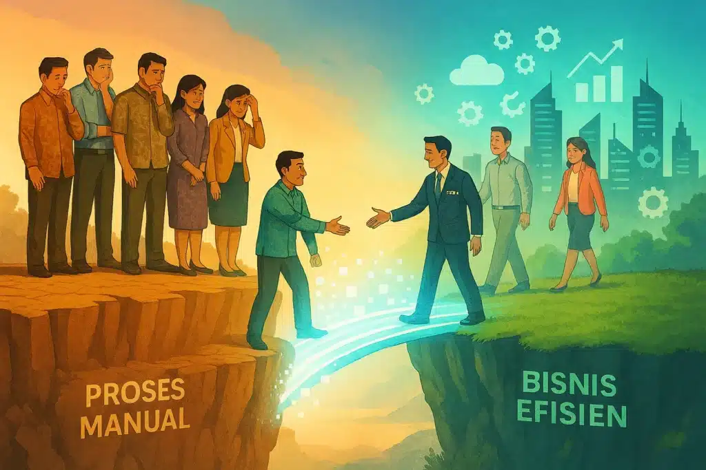 Ilustrasi konsultan IT profesional yang membantu tim bisnis menyeberangi jurang digital menuju efisiensi.