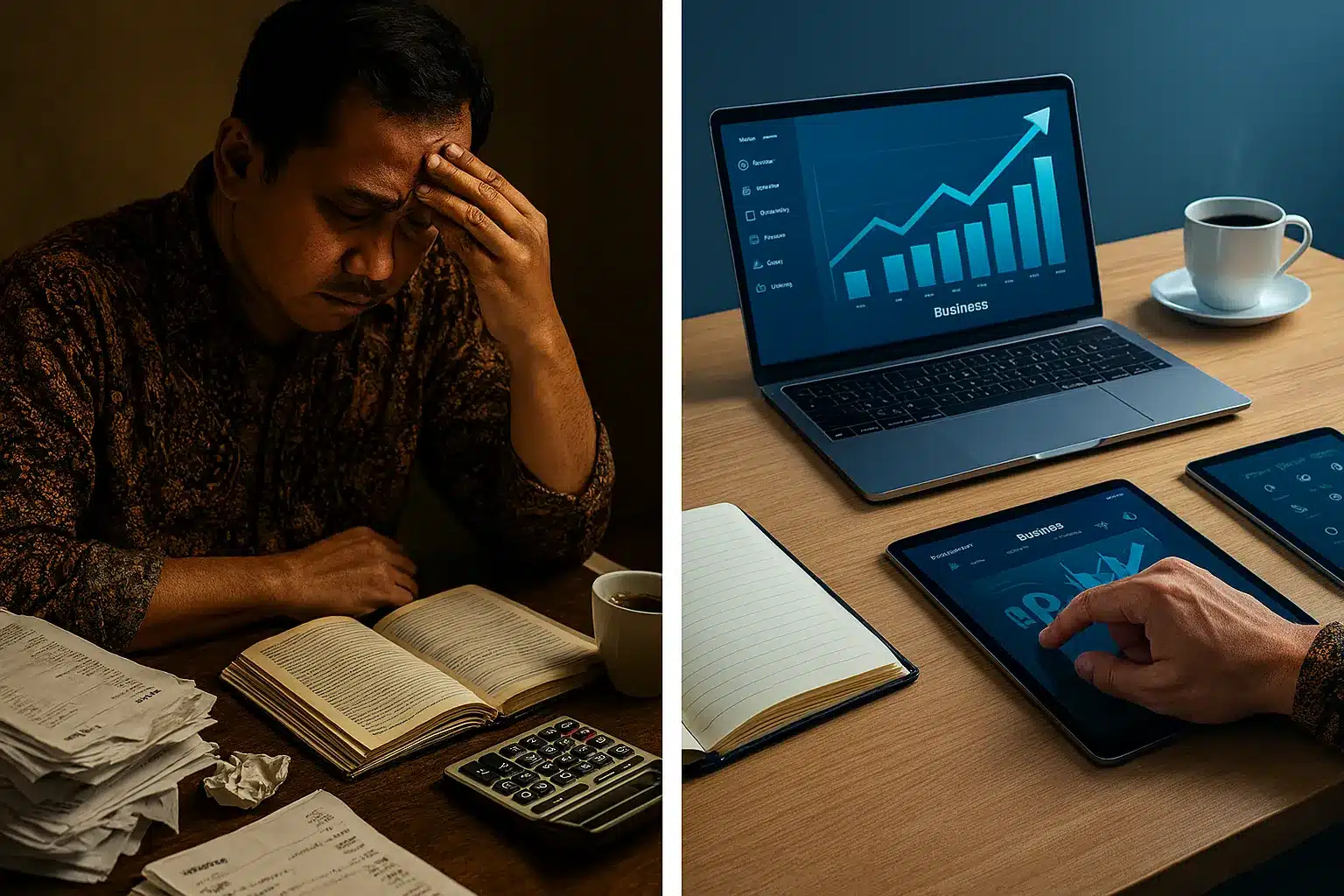 Perbandingan meja kerja sebelum dan sesudah implementasi strategi digital yang efektif.