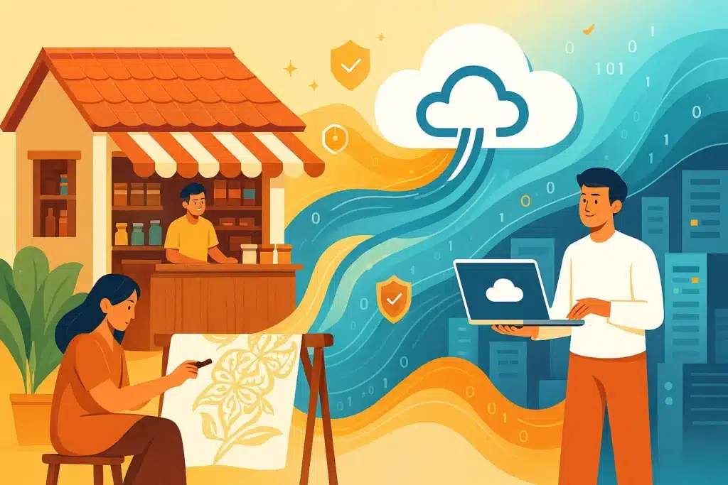 Ilustrasi transisi bisnis tradisional Indonesia terhubung mulus ke infrastruktur cloud computing modern.