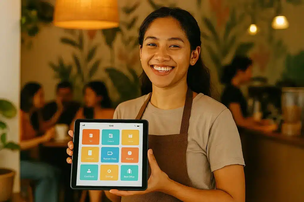 Pemilik UMKM kopi modern di Indonesia tersenyum puas saat menggunakan aplikasi kasir digital di tabletnya.