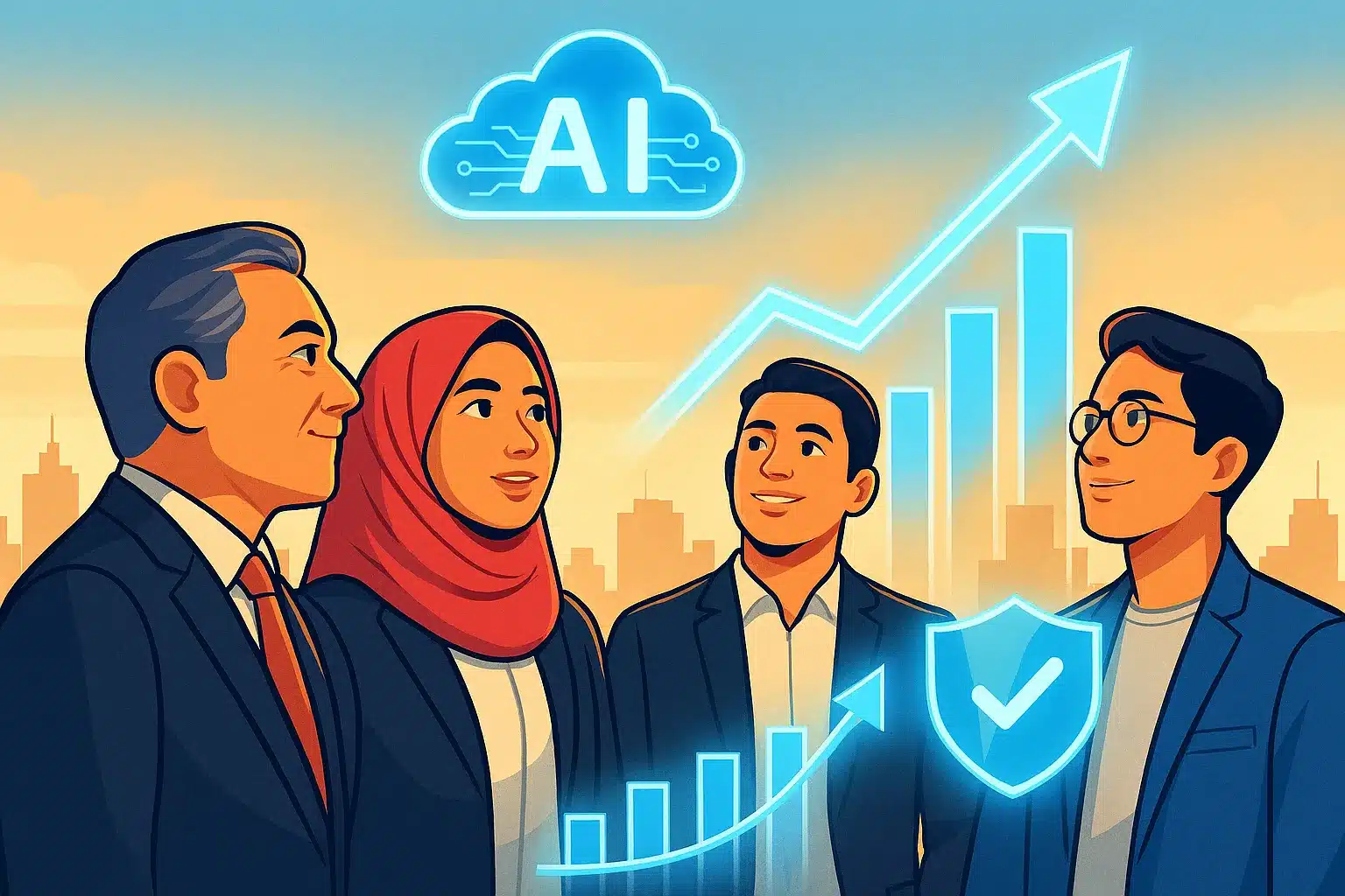 Tim bisnis Indonesia beragam melihat proyeksi holografik tren konsultasi IT 2026 di Indonesia.