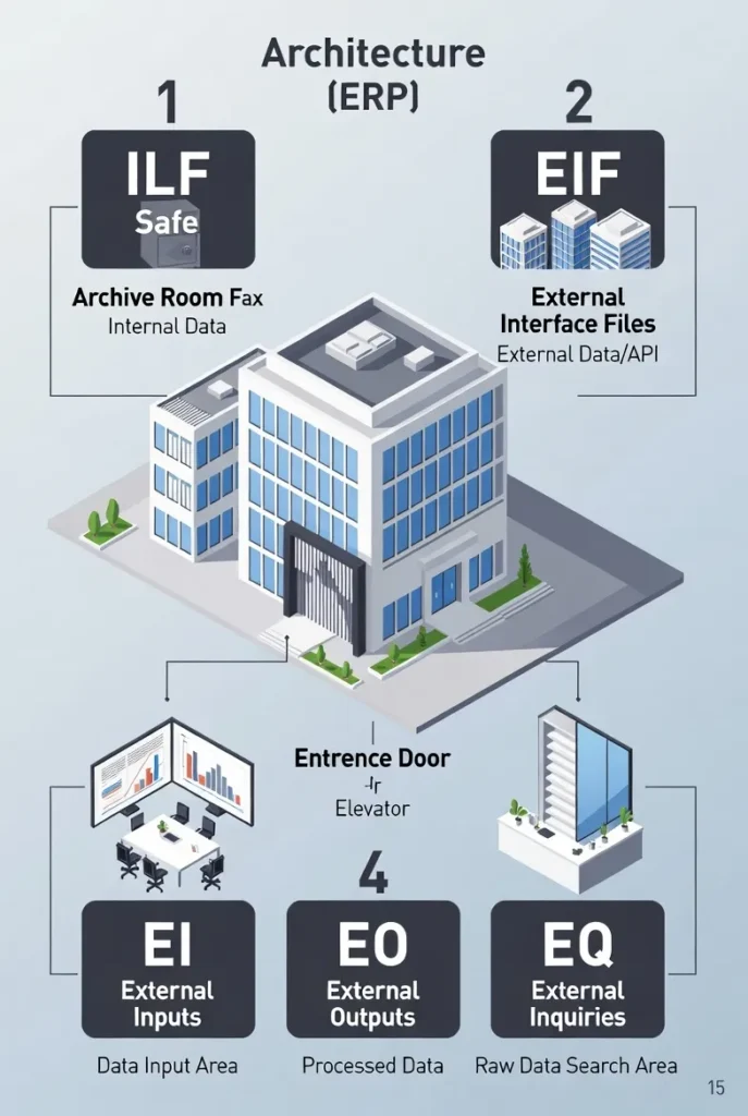 Infografis yang menjelaskan 5 komponen FPA (ILF, EIF, EI, EO, EQ) menggunakan analogi sebuah gedung perkantoran modern.