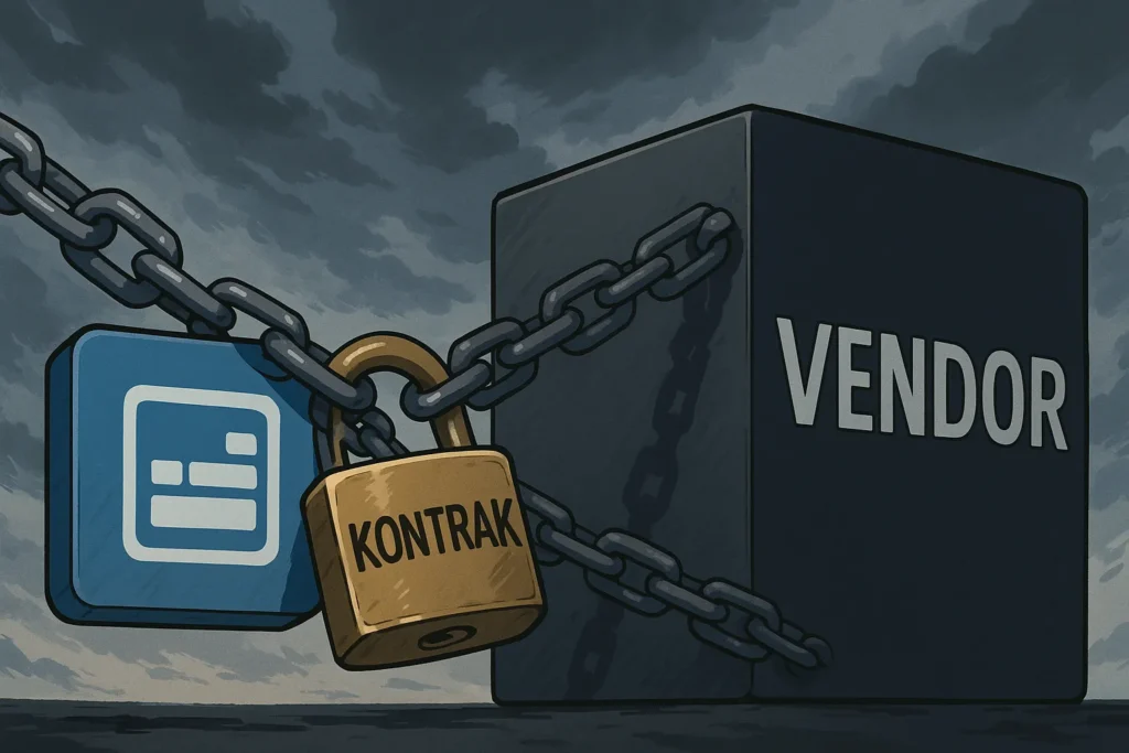 Ilustrasi konsep vendor lock-in, menunjukkan sebuah data bisnis yang terikat rantai dan gembok berlabel 'Kontrak' pada boks hitam milik vendor.